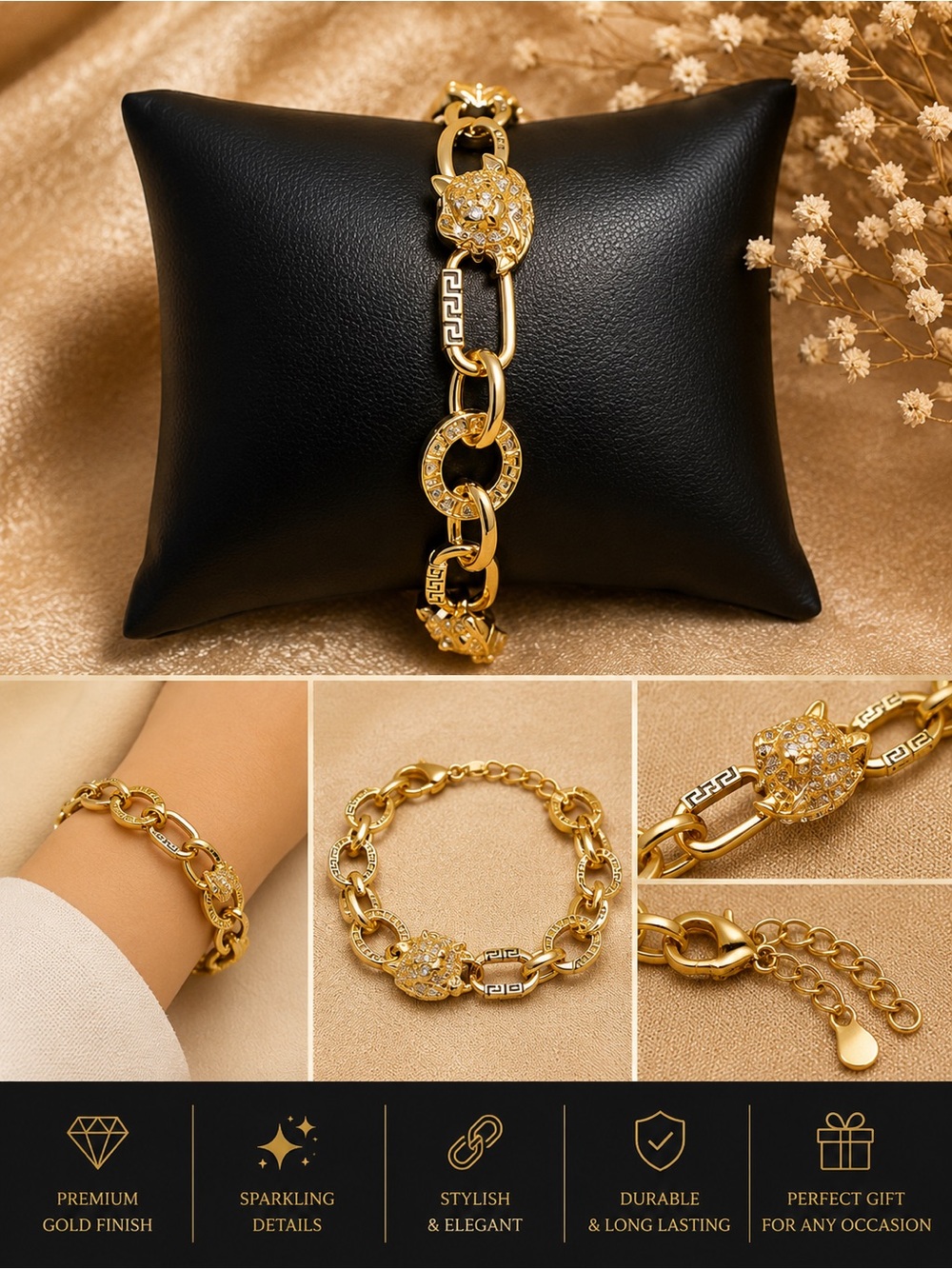 Gold Crystal Leopard Link Bracelet - Women Jewelry